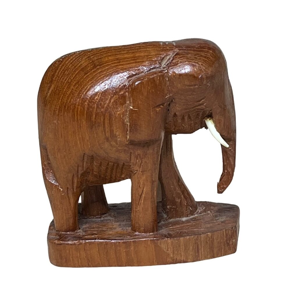 Vintage 70's Hand-Carved Elephant Figurine Dark Wood